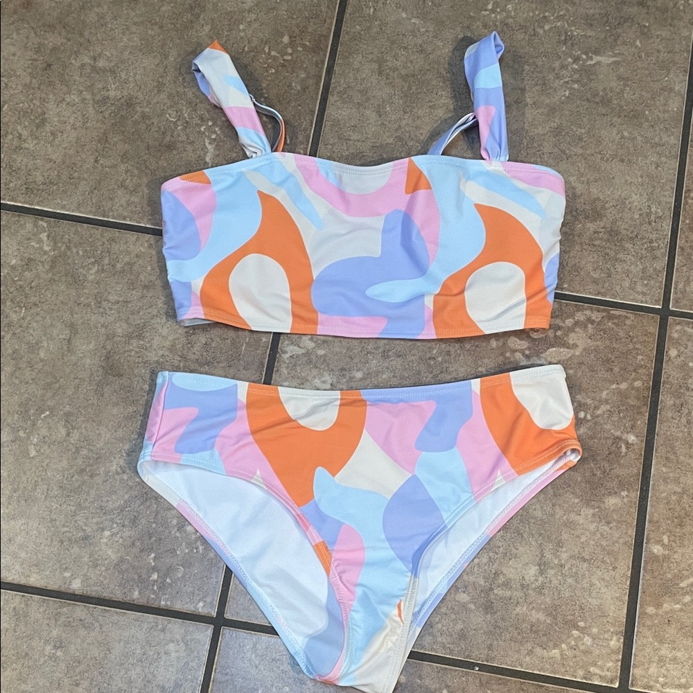 SHEIN Pastel Blue Orange Pink Abstract Print Bikini Set